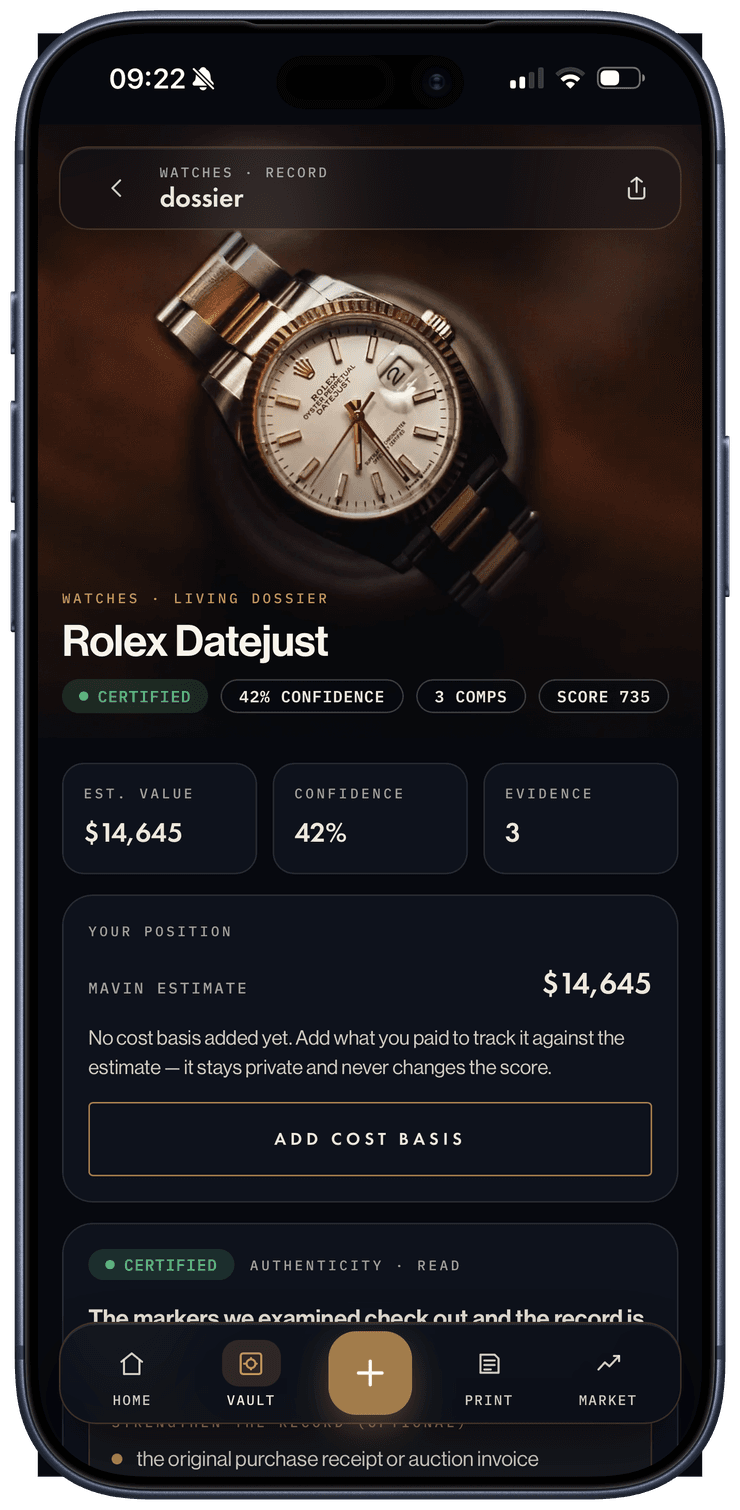 A real Mavin dossier for a Rolex Datejust showing its evidence, confidence, comparable sales and living record