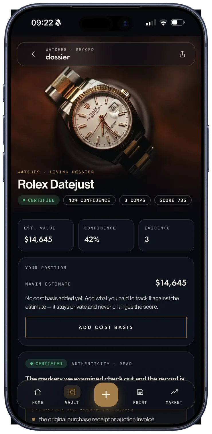 an iPhone 17 Pro Max running mavin: the living dossier, rolex datejust, certified, est. value $14,645