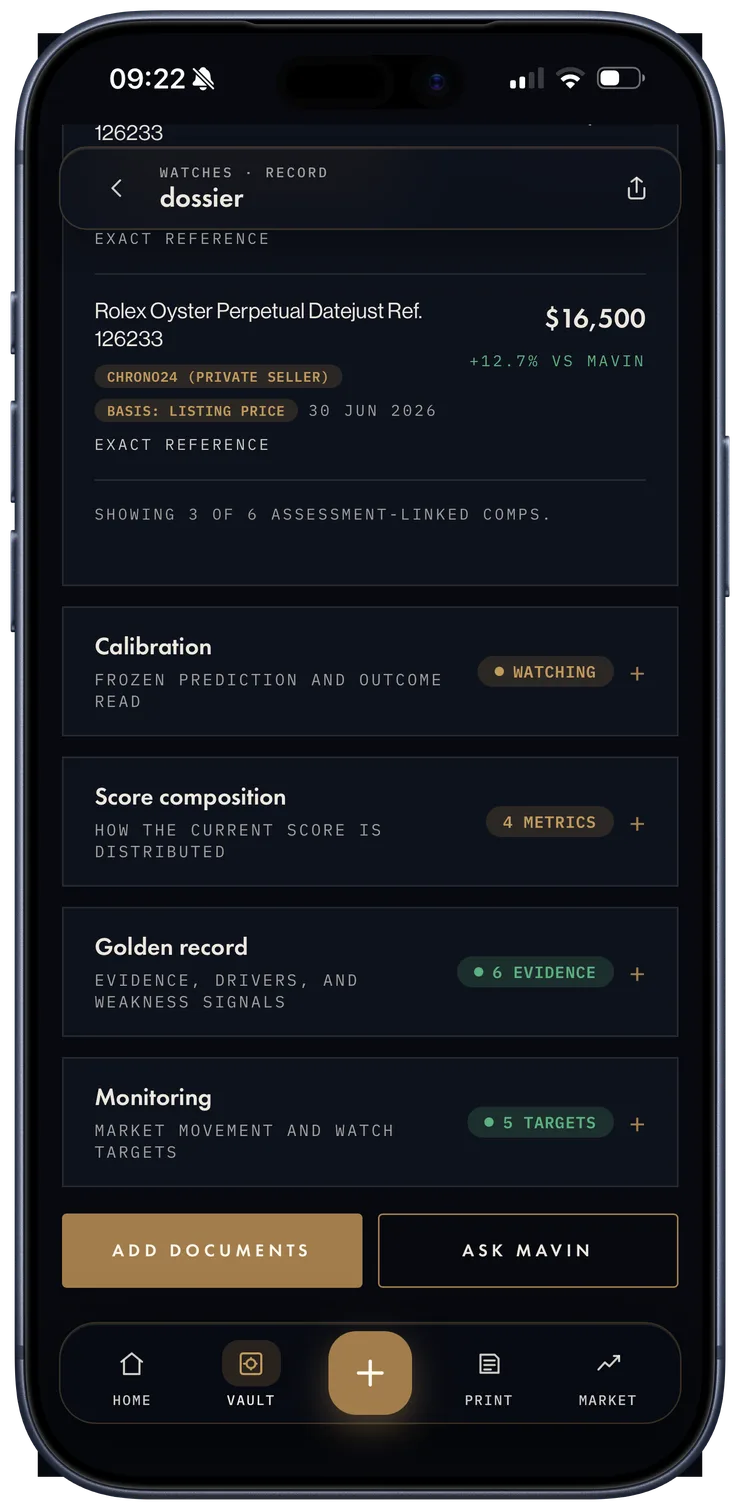 an iPhone 17 Pro Max running mavin: calibration, score composition, golden record, monitoring